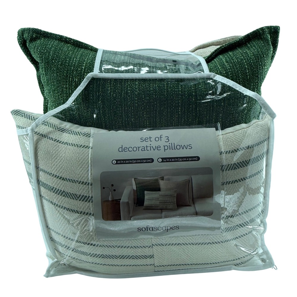 NEW Sofascapes OS‎ 3pc Sofa Bed Decorative Pillows Green Beige Striped Farmhouse